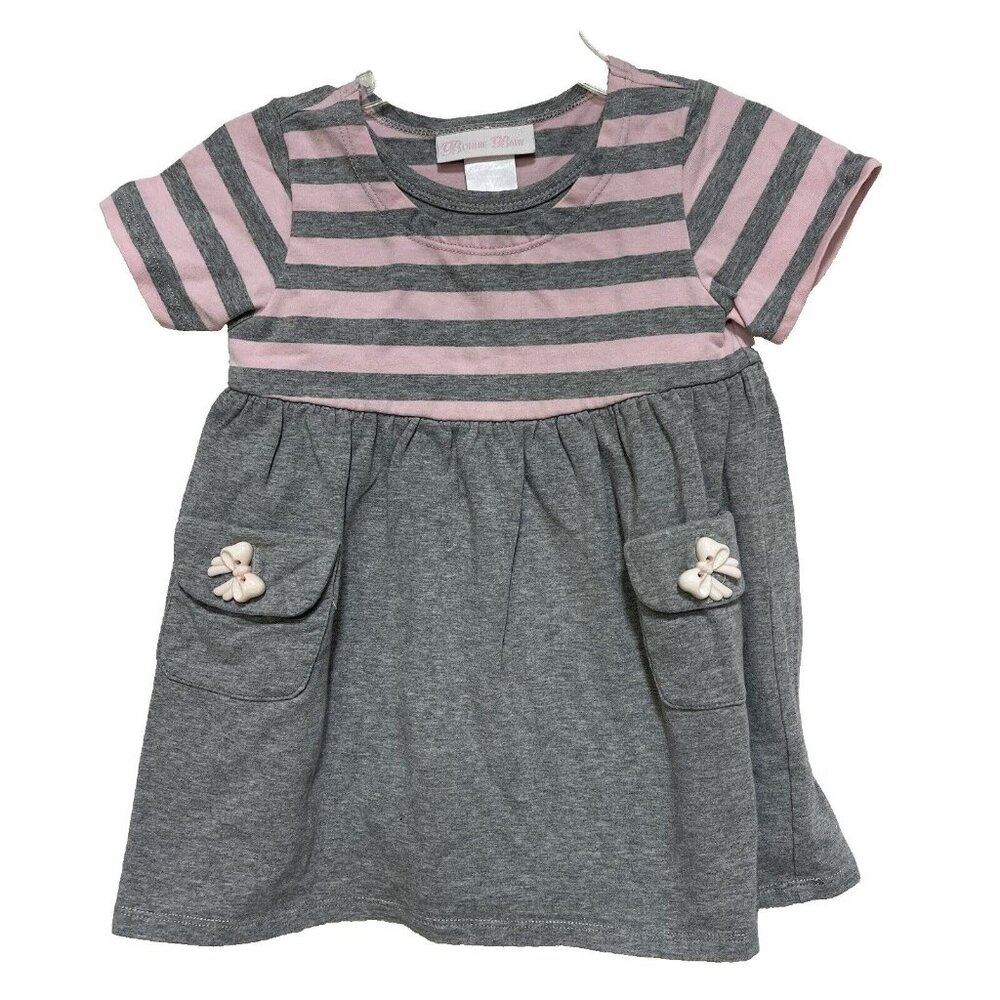 Bonnie Baby Dress 24 Months Toddler Pink Gray Striped Knit Bows